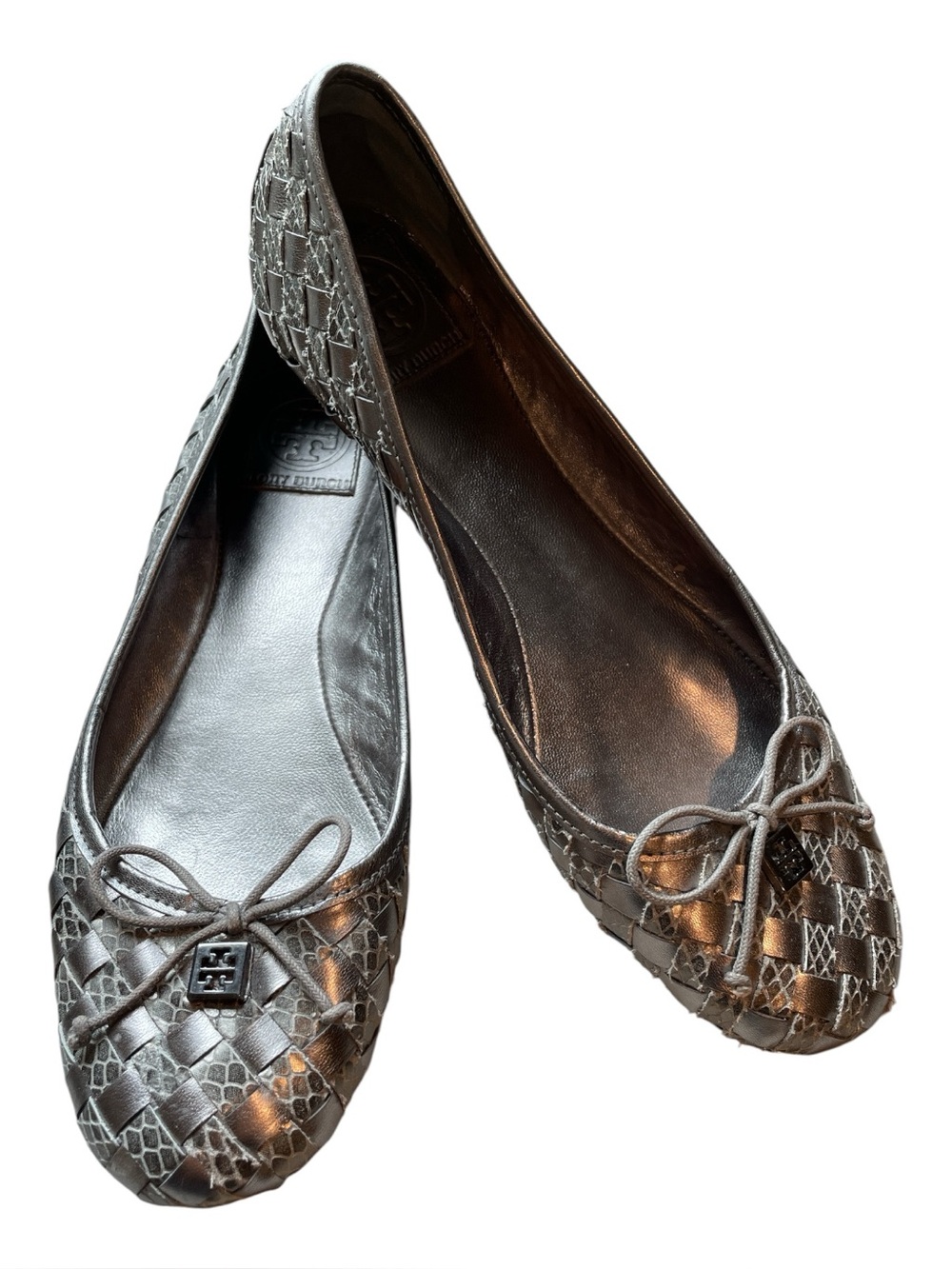Tory Burch Silver Woven Leather Ballet Flats with Logo Charm